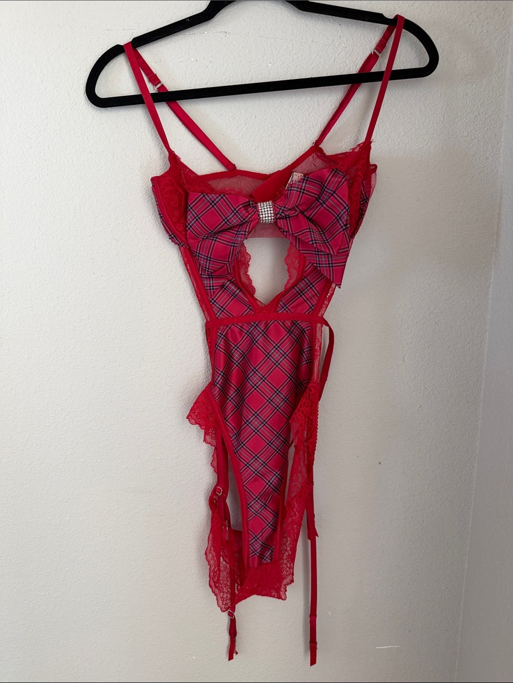 Victoria's Secret Red Plaid Lace Garter Teddy with Bow